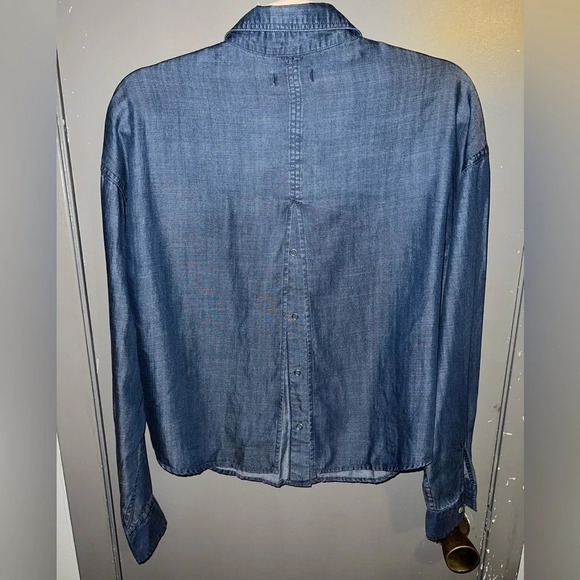 K/LAB chambray button down shirt with embroidered accent in red. Open back! - Picture 3 of 8